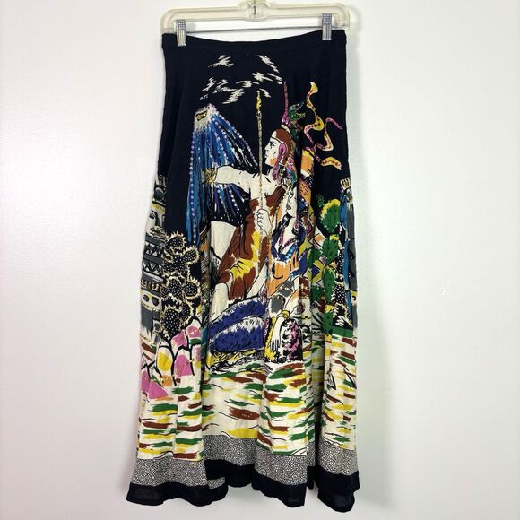 Ishyu Graphic Aztec Mayan Flared Flowy Maxi Skirt Sequins Volcano Women's Small - Picture 3 of 12